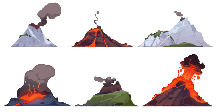 Volcano eruption. Mountains with fire lava explosion with smoke. Volcanic magma flow element for dangerous computer game landscape. Volcanoes vector isolated set