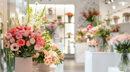 Elegant Modern Floral Shop Interior with Stylish Flower Arrangements and Space for Business Promotions