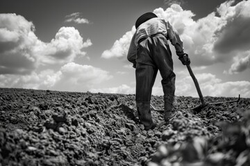 Vintage Black and White Plowman Working the Fields - High Contrast Agricultural Scene