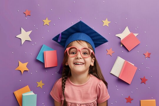 A child wearing a graduation cap with paper cut books and stars on a light purple background an early education milestone