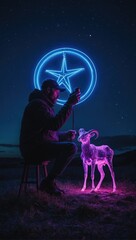 Obraz premium person with a goat by neon light in the desert