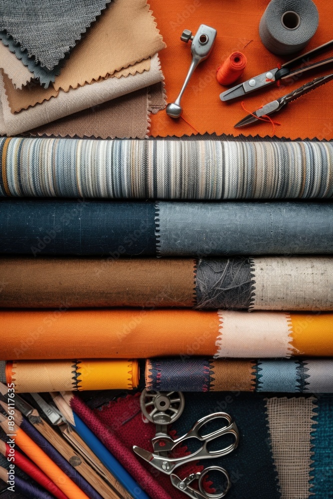 Poster A collection of colorful fabrics and scissors on a table