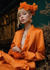 beautiful model in orange dress