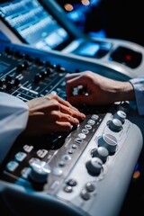 Close-Up of Medical Technician Adjusting Echocardiogram Machine Settings for Accurate Heart Scan