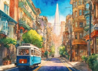 Sunset in San Francisco in watercolor painting style