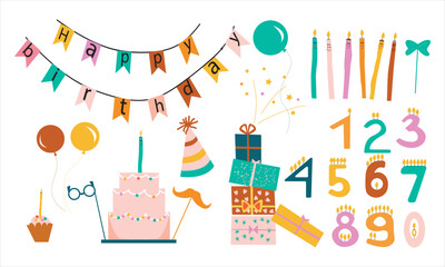 Set cartoon birthday stickers. Holiday gifts, balloons, cake.