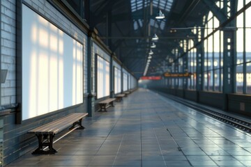 Abandoned train station interior with rows of benches and large windows