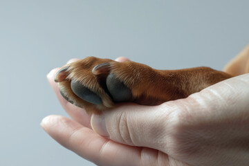 A close-up of a dog's paw in a human hand, showing trust and protection in pet grooming