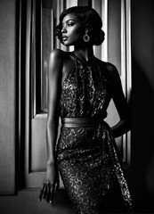 Artdeco, black and white photography, black beautiful model, stylish, avantgardistic, fashion shoot portrait