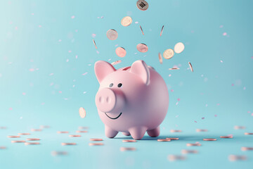 A Pink Piggy Bank With Coins Dropping Into. Coins Falling To Pink Piggy Saving , Financial And Money Deposit Concept
