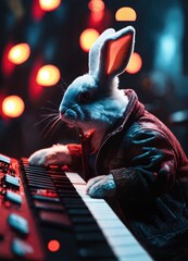 a passionate male rabbit playing a synthesizer