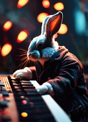 a passionate male rabbit playing a synthesizer