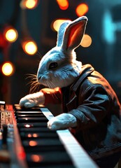 a passionate male rabbit playing a synthesizer