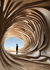 A person standing inside of a wooden structure, infinite fractal waves