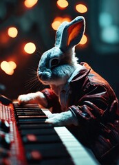 a passionate male rabbit playing a synthesizer