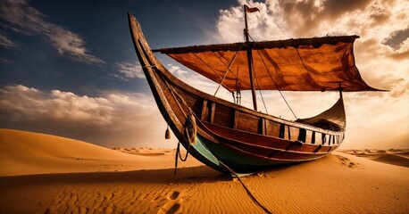 A luxurius viking oar boat sail in the sahara desert, strong winds, the sky look like ocean sea