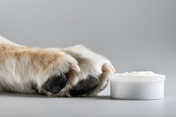 A pair of dog paws next to a container of paw balm on a gray background