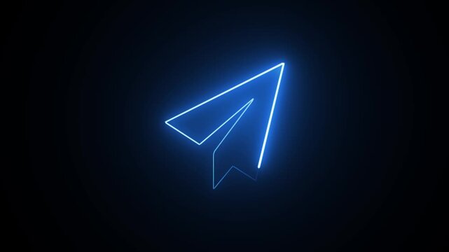 Paper Plane neon sign appear in center and disappear after some time. Animated blue neon icon on black background. Looped animation.
