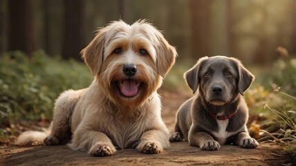 Fototapeta premium Golden Friendship in the Woods: A fluffy Goldendoodle and a sleek grey puppy share a heartwarming moment, their bond evident as they pose on a sun-dappled forest path. 