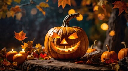 Jack-O'-Lantern's Glowing Smile: A grinning jack-o'-lantern sits on a tree stump, its candlelight illuminating the surrounding autumn leaves and smaller pumpkins. The scene evokes a spooky yet charmin