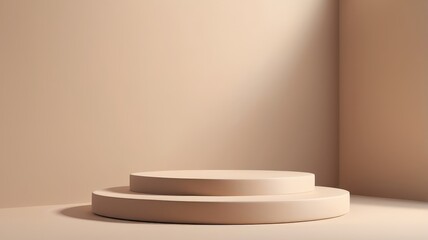 Minimalist Showcase: A sun-kissed, two-tiered beige podium in a serene, minimalist setting, perfect for showcasing your product. 