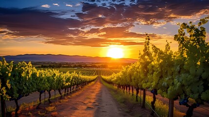 Naklejka premium A serene sunset over rolling countryside hills, with a lone tree silhouetted against the golden sky