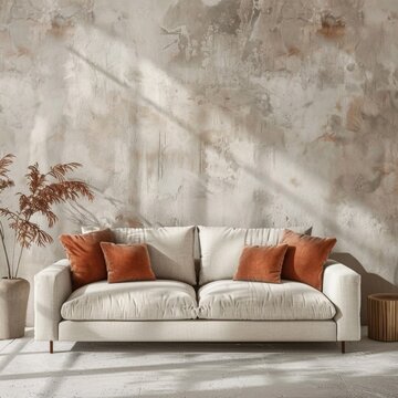 Minimalist Modern Living Room: Beige Sofa with Terracotta Pillows Against Concrete and Plaster Walls. Sleek Interior Design Showcasing Contemporary Aesthetics, Clean Lines, and Earthy Tones in Sophist