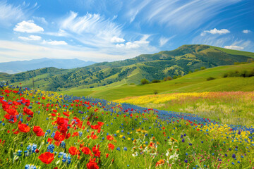 Rolling hills covered in wildflowers under a bright, sunny sky