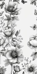 Elegant Vintage Peony Flowers with Butterflies on Monochromatic Background