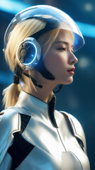 Cyberman wears a helmet and has blonde hair