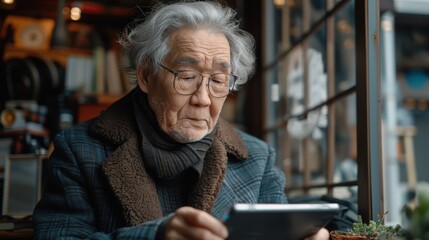 An elderly person with gray hair and glasses engages with a tablet in a warm, rustic cafe, possibly reading or browsing, surrounded by a cozy ambiance in a winter setting.