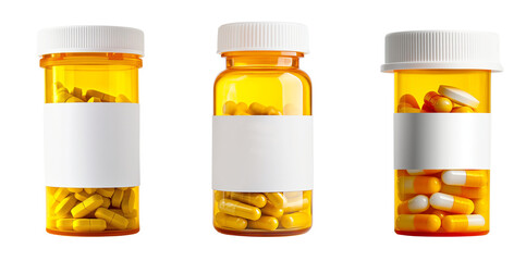 three yellow and white pill bottles with a blank label isolated on transparent or white background