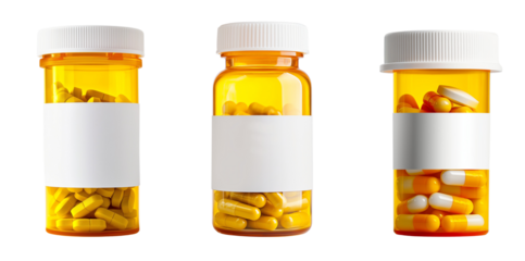three yellow and white pill bottles with a blank label isolated on transparent or white background