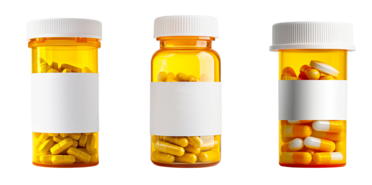 three yellow and white pill bottles with a blank label isolated on transparent or white background