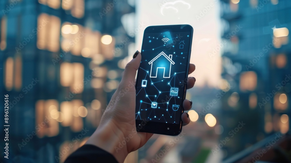 Poster A hand holding a smartphone displaying a smart home interface with a house icon and connected devices