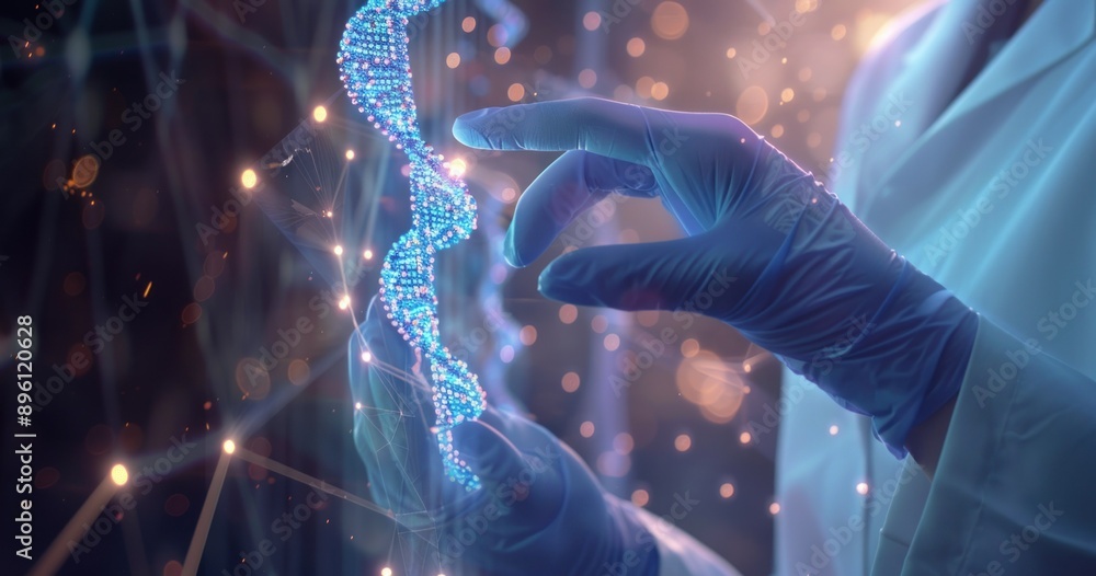 Poster a gloved hand delicately interacts with a glowing blue dna helix creating a vibrant and ethereal ima