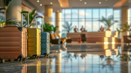 Tourism and Hospitality Industry: Place several suitcases in the foreground, arranged in a neat line. 