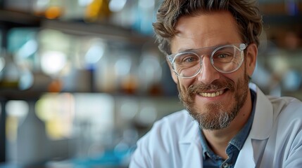 Obraz premium A confident, middle-aged scientist with a warm smile and a beard, wearing a white lab coat and glasses, looks directly at the camera in a laboratory setting. 