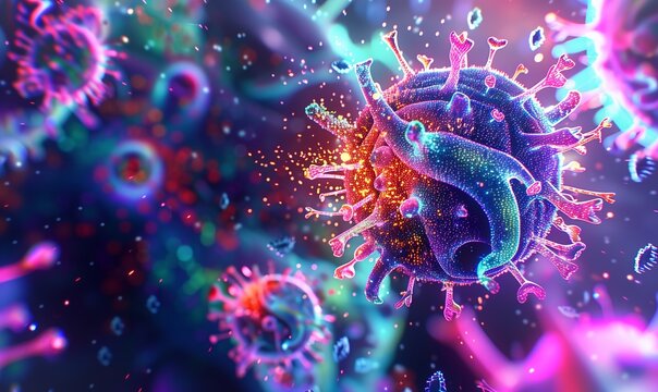 Un virus futuristico intrecciato con una rete neurale di batteri illuminati, rappresenta l'integrazione dell'intelligenza artificiale nella bioinformatica. Colori vibranti e dettagli complessi.