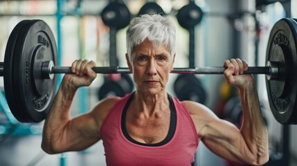 Senior woman defying age stereotypes by lifting weights with determination, showcasing strength and resilience.