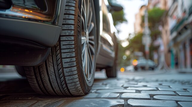 Close-up of eco-friendly electric car tire tread emphasizing energy efficiency and low rolling resistance