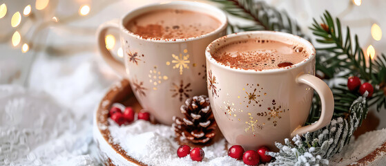 Ceramic white cup or mug with hot chocolate, coffee, tea with decorations on christmas background. Happy new year or Christmas mockup. Cozy wintertime leisure. Generative ai