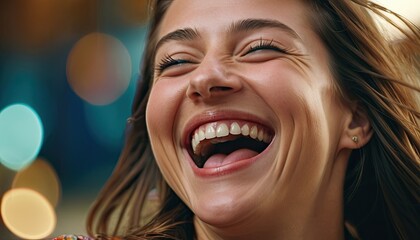 Woman Laughing with Teeth showing - Close Up Smile and Eyes Emphasis.