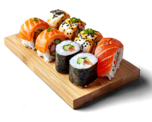 Assorted sushi rolls on a wooden platter