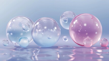 Fototapeta premium 3D objects of cosmetic oil droplets and collagen gel are realistically illustrated as clear liquid drops on a transparent background. 