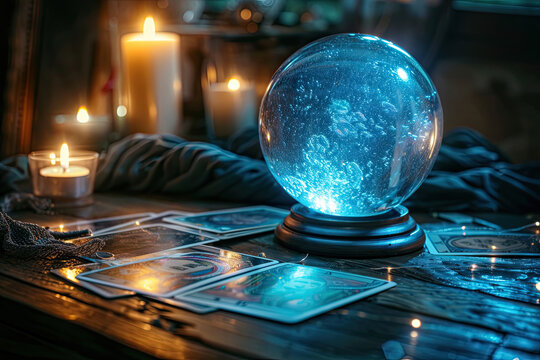 Glowing crystal ball with tarot cards and candles predicting fate and destiny