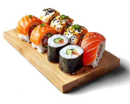 Assorted sushi rolls on a wooden platter