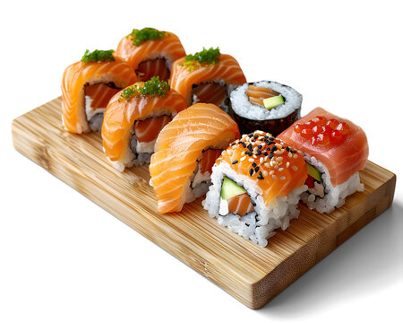 Assorted sushi rolls on a wooden platter