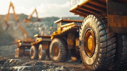 Mining and Metal Industry: Place several large mining trucks in the foreground, arranged in a neat line. 