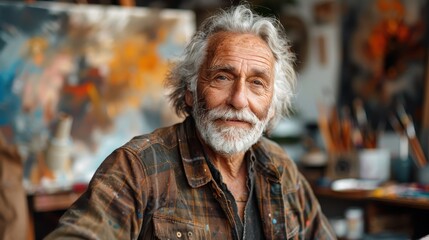 A senior male artist is captured in his art studio, wearing a plaid shirt and surrounded by his...